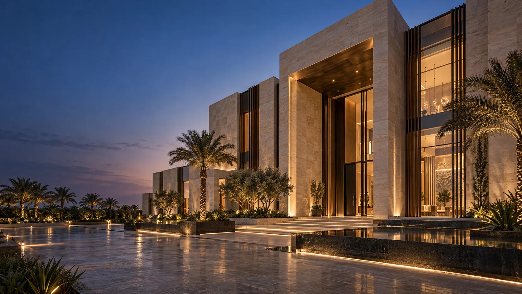 Architectural concept of a private palace with warm limestone facades